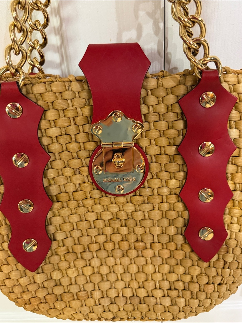 Michael Kors Santorini Straw Corn Husk Leather Trim/Turn Lock Tote Shoulder Bag - Picture 7 of 7